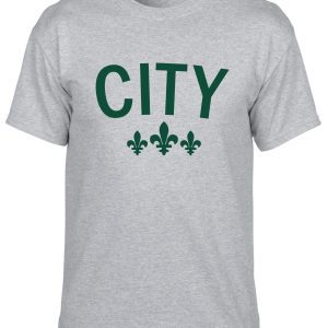 Grey t-shirt with green "CITY" logo.