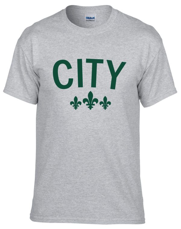 Grey t-shirt with green "CITY" logo.