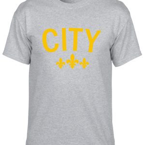 Grey t-shirt with yellow "CITY" logo.