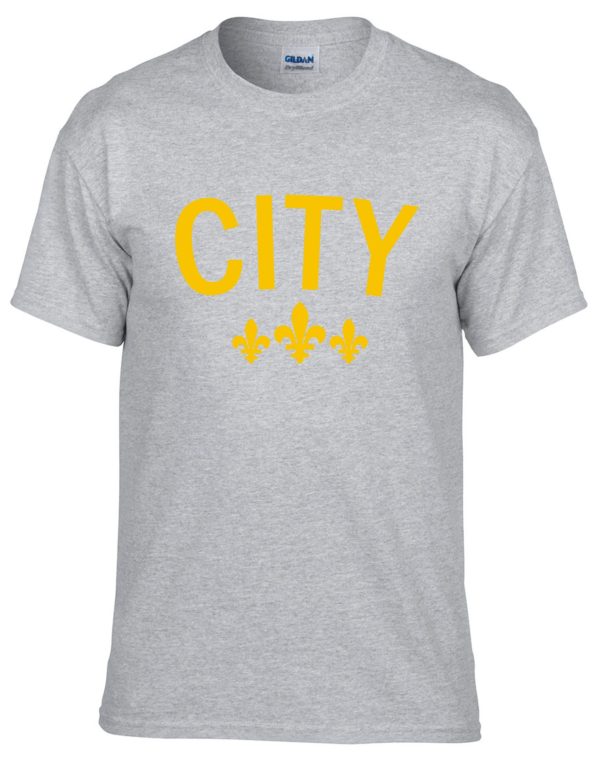 Grey t-shirt with yellow "CITY" logo.