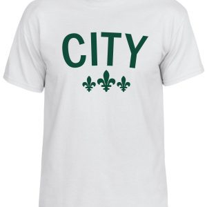 White t-shirt with green "CITY" text.