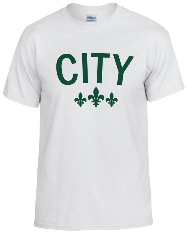 White t-shirt with green "CITY" text.