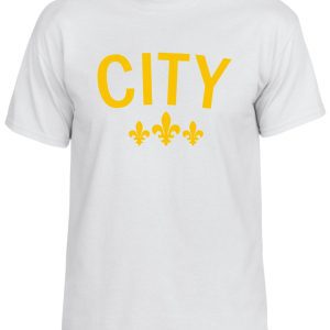 White t-shirt with "City" and fleurs-de-lis.