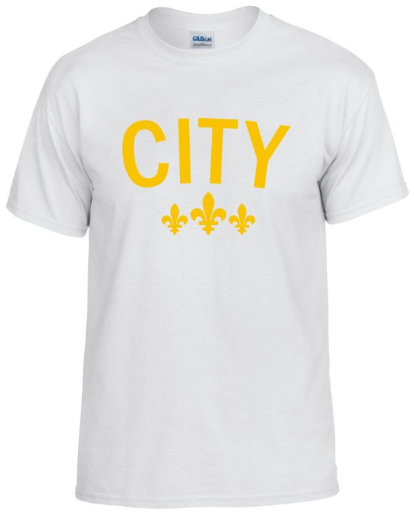 White t-shirt with "City" and fleurs-de-lis.