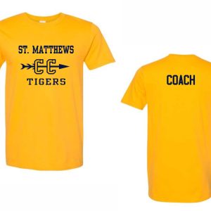 Front and back view of a yellow St Matthews Elementary Cross Country softstyle Coaches T shirts with "st. matthews tigers" and a logo on the front, and "coach" printed on the back.