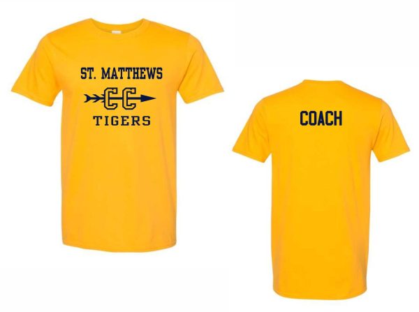 Front and back view of a yellow St Matthews Elementary Cross Country softstyle Coaches T shirts with "st. matthews tigers" and a logo on the front, and "coach" printed on the back.