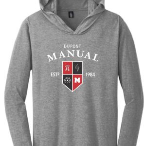 Grey long-sleeve hoodie with Dupont Manual logo.