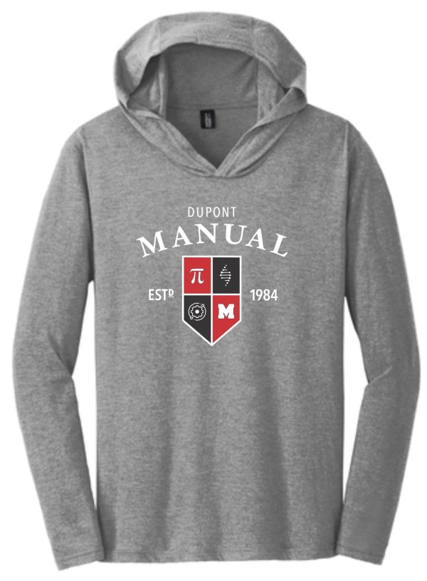 Grey long-sleeve hoodie with Dupont Manual logo.