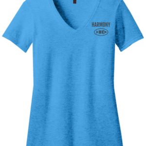 Blue Harmony XC Womens V-neck DM1190L Bright Turquoise t-shirt with the word "harmony" and a circular logo printed on the chest.