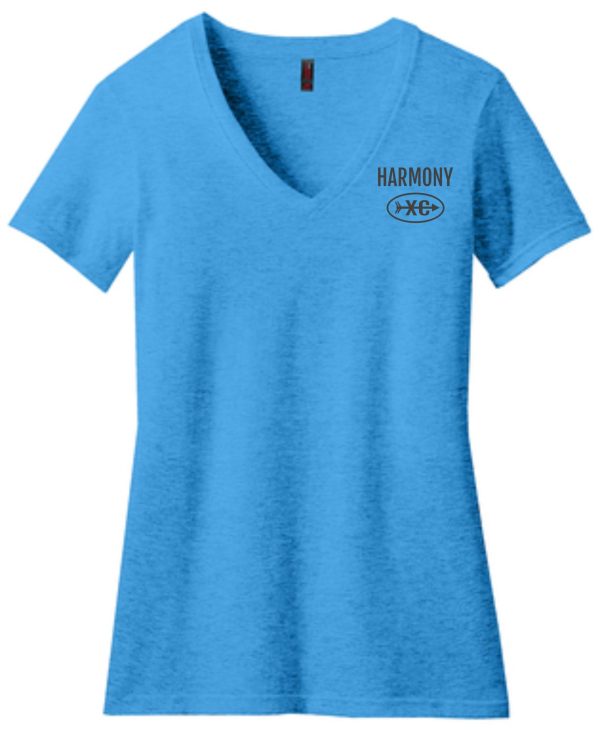 Blue Harmony XC Womens V-neck DM1190L Bright Turquoise t-shirt with the word "harmony" and a circular logo printed on the chest.