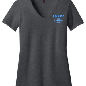 Harmony XC Womens V-neck DM1190L Heather Charcoal t-shirt with the word "harmony" and an intertwined circles logo in blue on the left chest area.