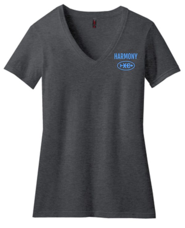 Harmony XC Womens V-neck DM1190L Heather Charcoal t-shirt with the word "harmony" and an intertwined circles logo in blue on the left chest area.