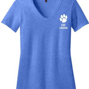 CEC Basketball Womens V-neck DM1190L t-shirt with a white "cec cougars" logo and paw print on the upper left side.