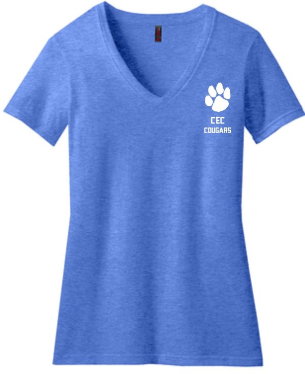 CEC Basketball Womens V-neck DM1190L t-shirt with a white "cec cougars" logo and paw print on the upper left side.