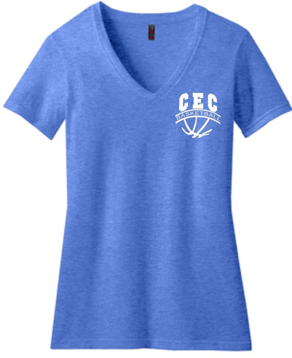 A CEC Girls Basketball Womens V-neck DM1190L with "cec basketball" and a basketball graphic printed in white on the front.