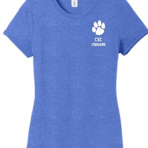 Blue CEC Basketball Ladies Tri Blend T DM130L with a white "cec cougars" logo featuring a paw print above the text.