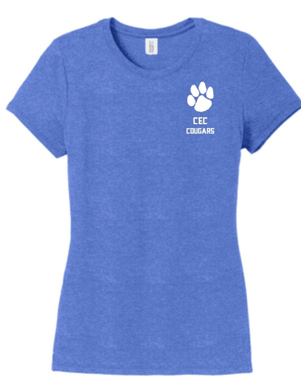 Blue CEC Basketball Ladies Tri Blend T DM130L with a white "cec cougars" logo featuring a paw print above the text.