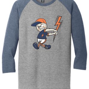 Baseball player with lightning bolt on grey shirt.