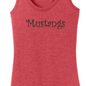 A red tank top with the word "mustangs" printed in black script across the chest. Product Name: SMMSS District Made Racerback Ladies Tank top DM138L