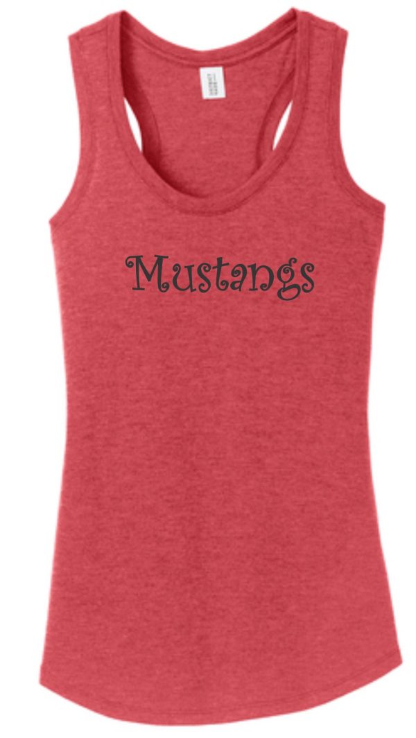 A red tank top with the word "mustangs" printed in black script across the chest. Product Name: SMMSS District Made Racerback Ladies Tank top DM138L