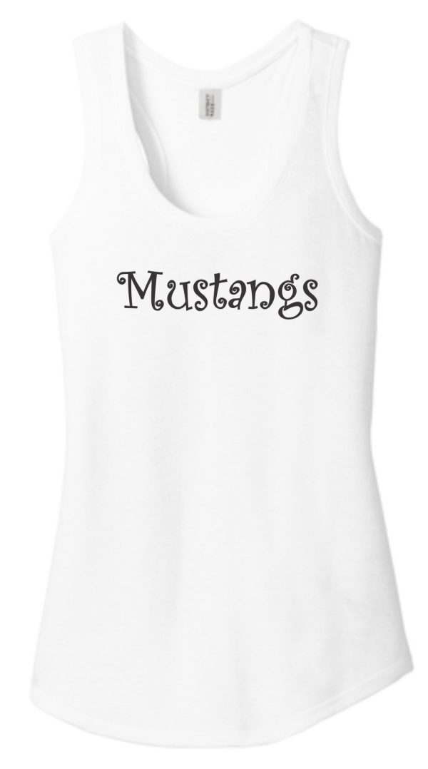 SMMSS District Made Racerback Ladies Tank top DM138L with the word "mustangs" printed in black cursive font on the front.