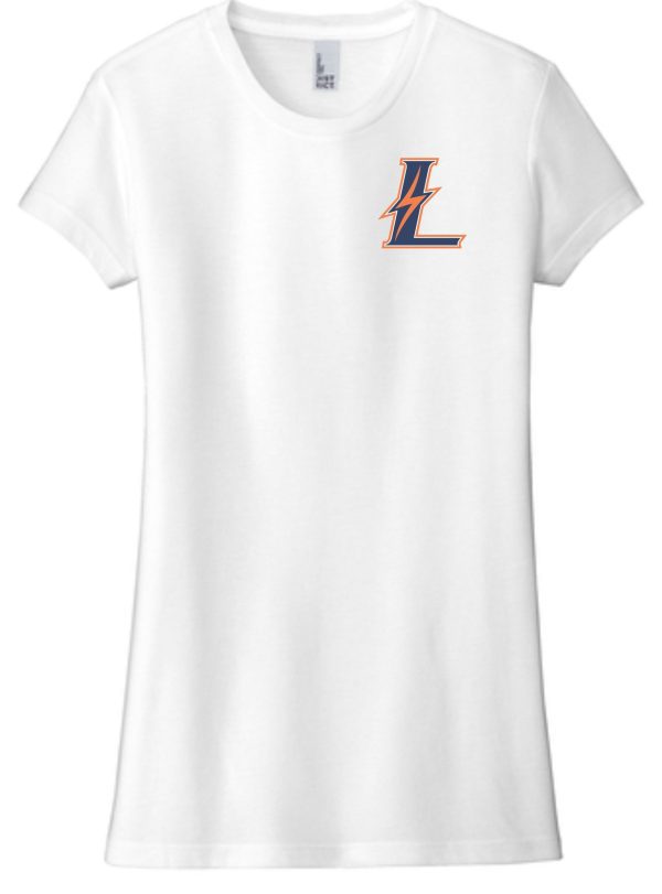 White t-shirt with an orange and blue L.