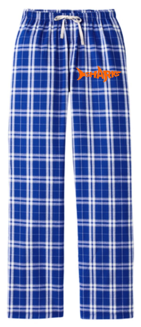 Blue and white plaid pajamas with shark logo.