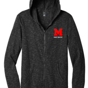 Manual Cross Country ADULT MENS Black Full zip hood DT565 with a hood, featuring a red 'm' and the words "cross country" on the left chest area.