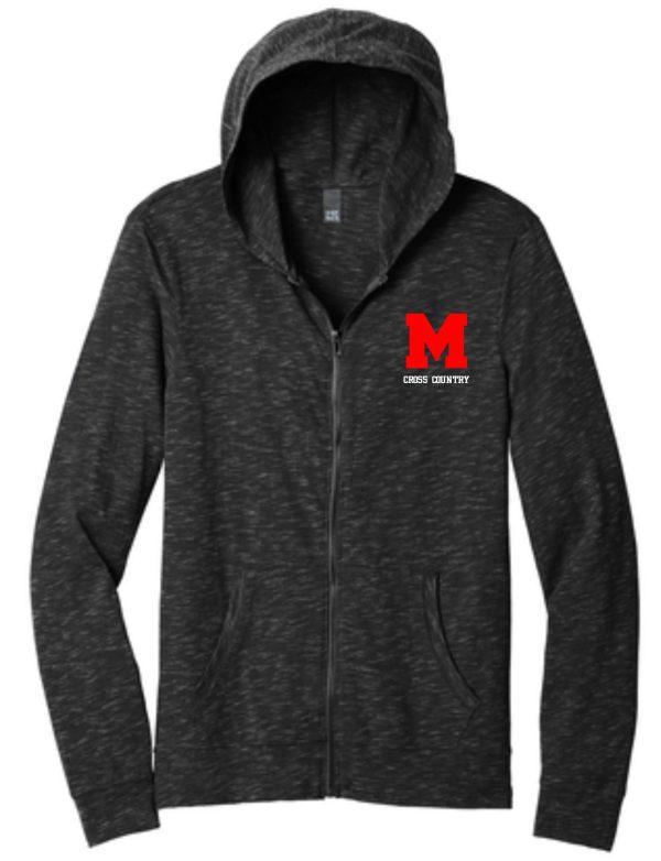 Manual Cross Country ADULT MENS Black Full zip hood DT565 with a hood, featuring a red 'm' and the words "cross country" on the left chest area.