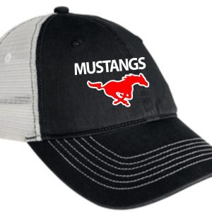 Black and grey trucker hat with a red mustang logo.