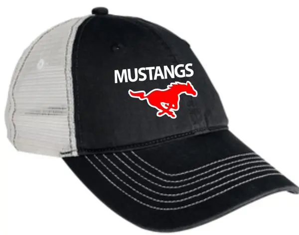 Black and grey trucker hat with a red mustang logo.