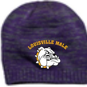 Purple and grey knit beanie with bulldog logo.