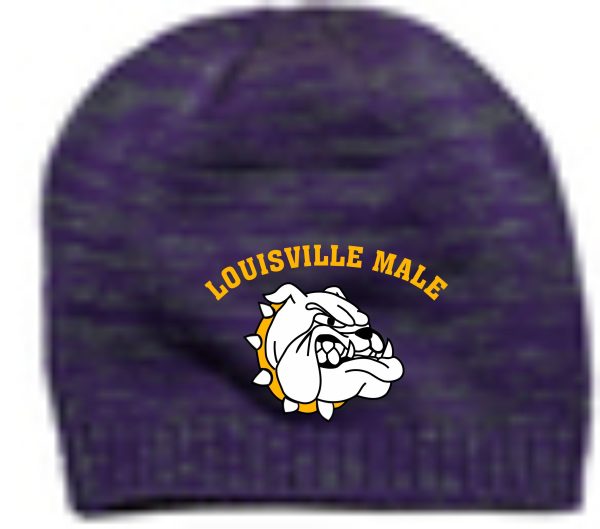 Purple and grey knit beanie with bulldog logo.