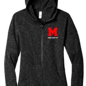 A heather gray zip-up hoodie with a red "m" logo and the words "cross country" on the left chest area in the Manual Cross Country ADULT WOMENS Black Full zip hood DT665.