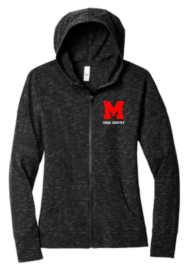 A heather gray zip-up hoodie with a red "m" logo and the words "cross country" on the left chest area in the Manual Cross Country ADULT WOMENS Black Full zip hood DT665.