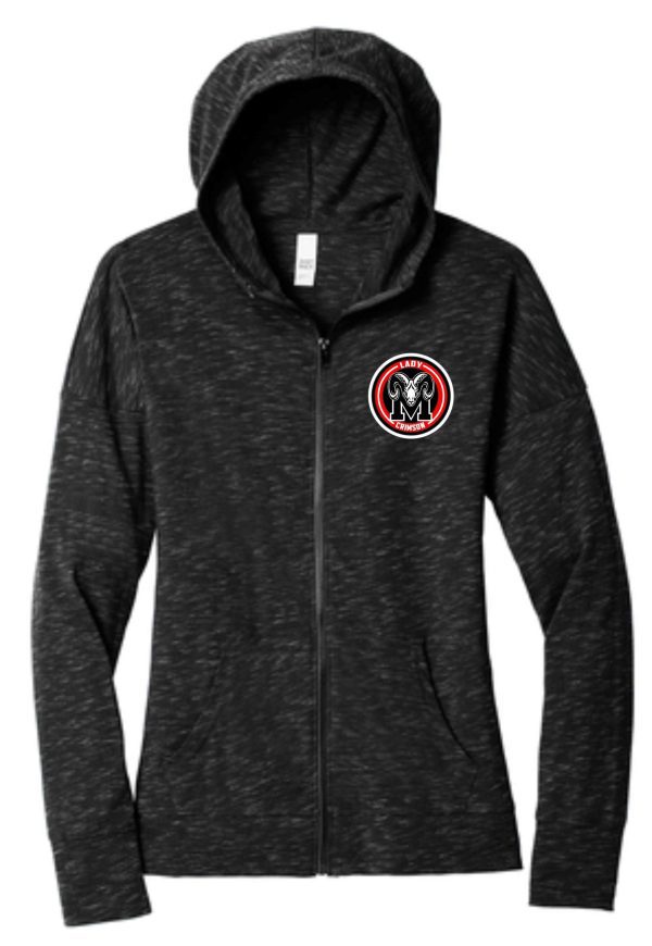 Manual Lady Crimson Soccer ADULT WOMENS Full zip hood DT665 with a red and black logo on the left chest area, featuring a hood and front pockets.