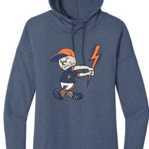 Blue hooded sweatshirt with baseball character.