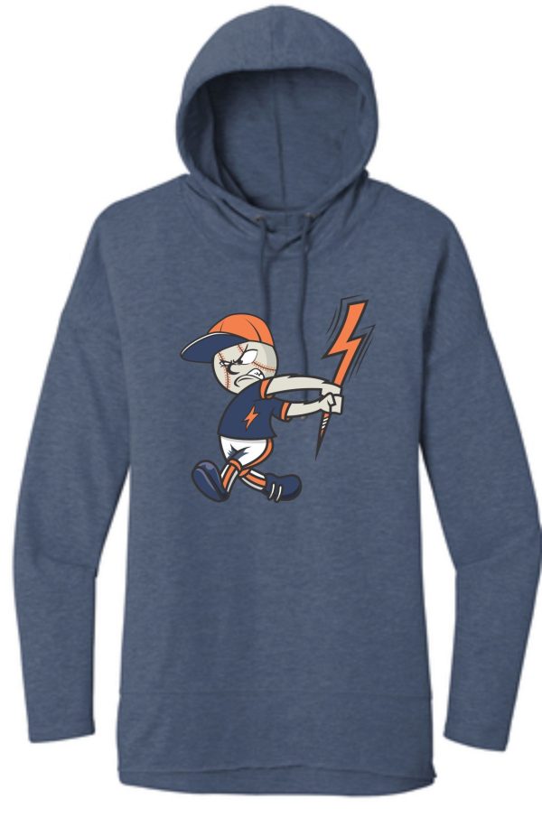 Blue hooded sweatshirt with baseball character.