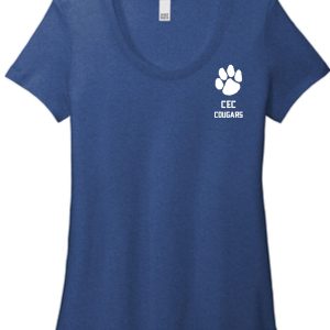 Blue CEC Basketball Ladies Flex scoop neck T-shirt featuring a white "cec cougars" logo with a paw print on the left chest area.