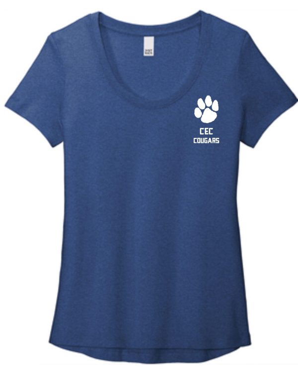 Blue CEC Basketball Ladies Flex scoop neck T-shirt featuring a white "cec cougars" logo with a paw print on the left chest area.