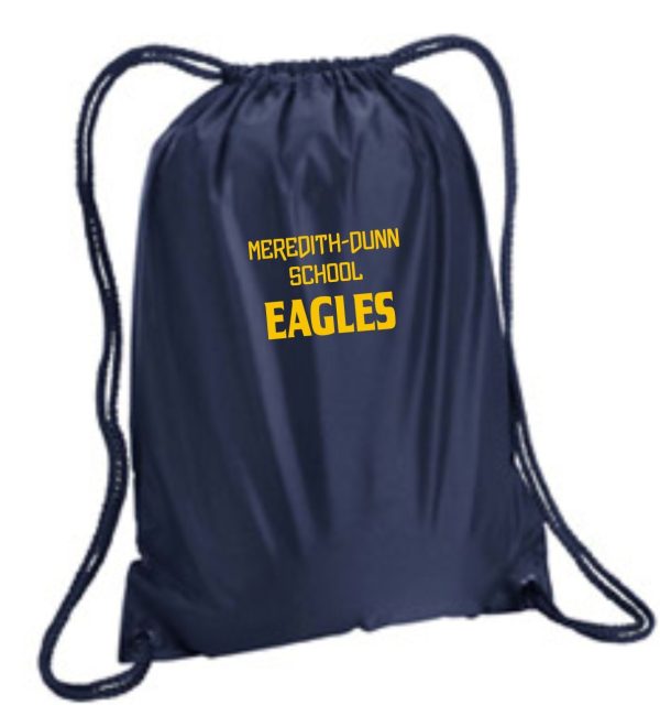 Blue Meredith-Dunn Drawstring Backpack 8881 with the text "meredith-dunn school eagles" printed in yellow on the front.