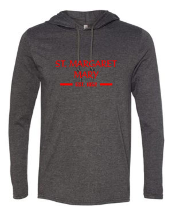 SMMSS Anvil Adult Tri blend lightweight pullover hoodie 987 with the text "st. margaret mary - est. 1852" printed in red on the front.