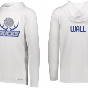 Two Buckner Basketball white long sleeve shooters shirts; the left with a "bucks" logo and the right with "wall" text on the front.