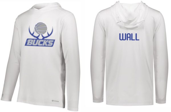 Two Buckner Basketball white long sleeve shooters shirts; the left with a "bucks" logo and the right with "wall" text on the front.