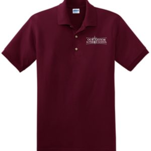 OSLS embroidered maroon school polo 8800 with "our savior lutheran school" embroidered on the left chest area, featuring a collar and two buttons.