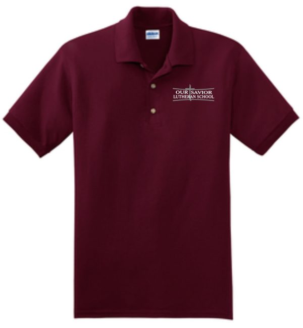 OSLS embroidered maroon school polo 8800 with "our savior lutheran school" embroidered on the left chest area, featuring a collar and two buttons.