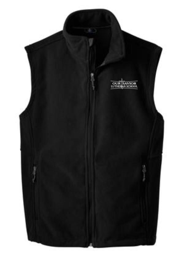 OSLS Mens Fleece full zip embroidered Vest  F219 with zipper, featuring the logo "our savior lutheran school" on the left chest area.