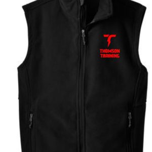 Thomson Training Mens Fleece full zip Vest  F219 with a red "t" logo and the text "thomson training" on the upper left chest, featuring a front zipper and side pockets.