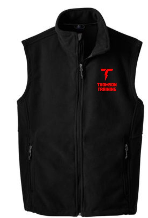 Thomson Training Mens Fleece full zip Vest  F219 with a red "t" logo and the text "thomson training" on the upper left chest, featuring a front zipper and side pockets.