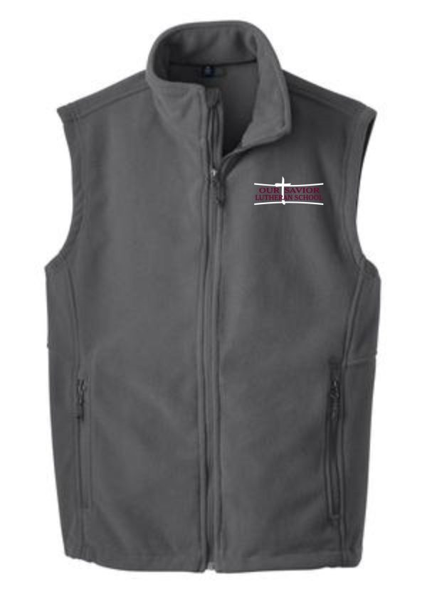 OSLS Mens Fleece full zip embroidered Vest  F219 with a zipper and a logo on the left chest area displayed on a plain background.